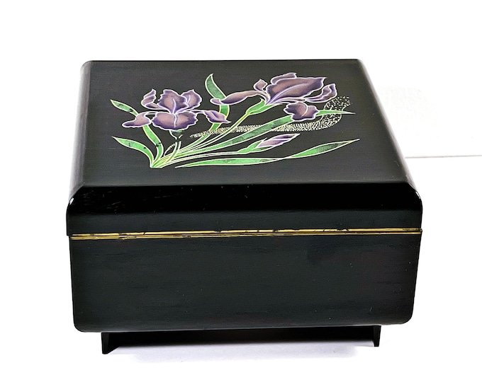 Vintage Sankyo Japan Music Jewelry Box, Tune "Lara's Theme", Painted Violets On Top, Violet Lining. Mirror, 5" Sq. 3" H. Free US Shipping