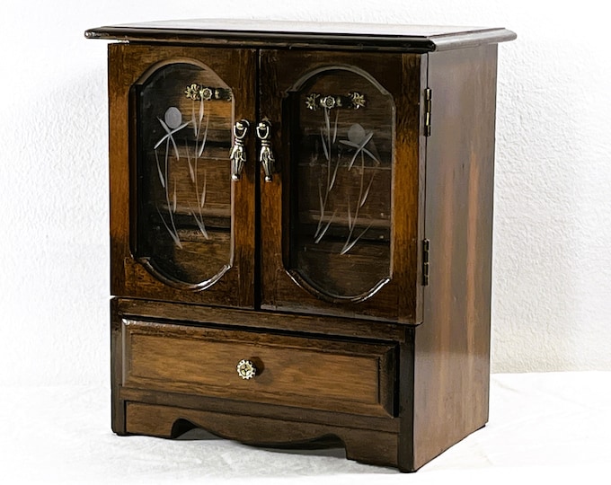 VTG 1960's Musical Carved Wood Jewelry Armoire, Mahogany & Amber Finish, Etched Glass Doors, Restored, 4 Drawers. 12" T. Free US Shipping