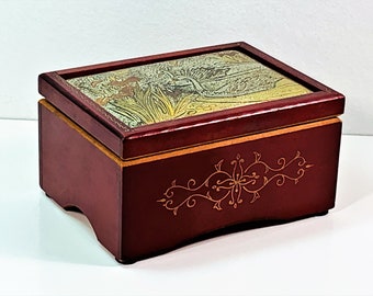 Vintage Japan Music Box 'My Melody of Love', Wood with Engraved Gilded Plate, Nature Scene, Velvet Lining, 4.5"W. 6.5"L. Free US Shipping.
