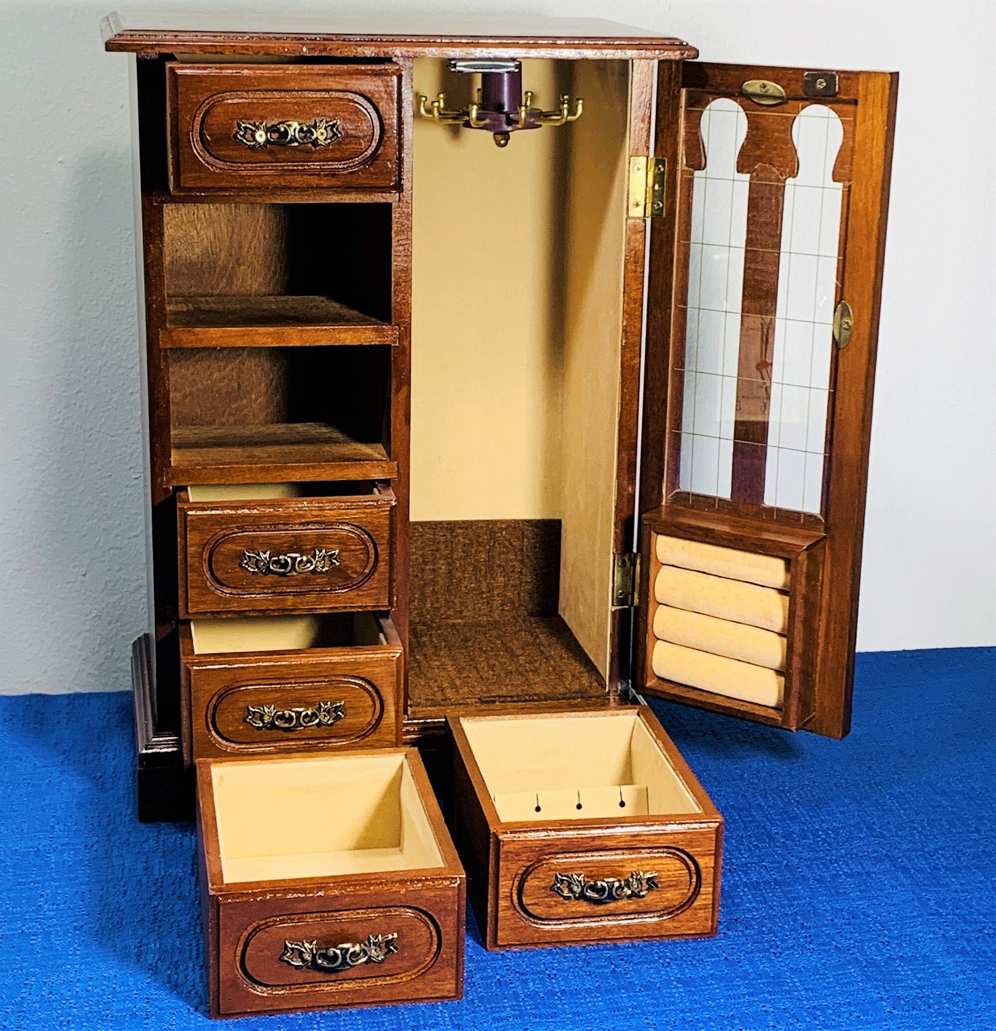 Vintage Solid Wood Jewelry Armoire, Ornate Carved Door W/Rings Tray, 5 Large Drawers, Hangers