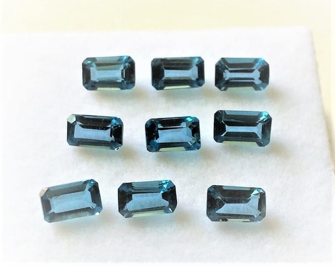 Lot of 9 Fine London Blue Topaz, Emerald Cut 5X3 mm, Excellent Match, 2.91 carats Total Weight