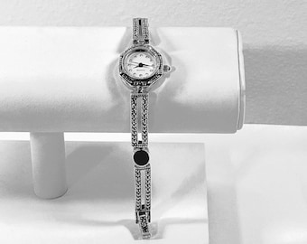 Vintage Sterling Silver Marcasite & Black Onyx Women Watch, 28.5 Grams. Octagon Case 24x18mm. 7" L. Serviced. Free US Shipping.