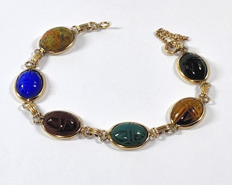 Vintage 1960's 12K Gold Filled Scarab Bracelet, 6 Carved Gemstones Scarabs 16X12mm, Safety Chain, 15.50 Grams. 7.75" L. Free US Shipping