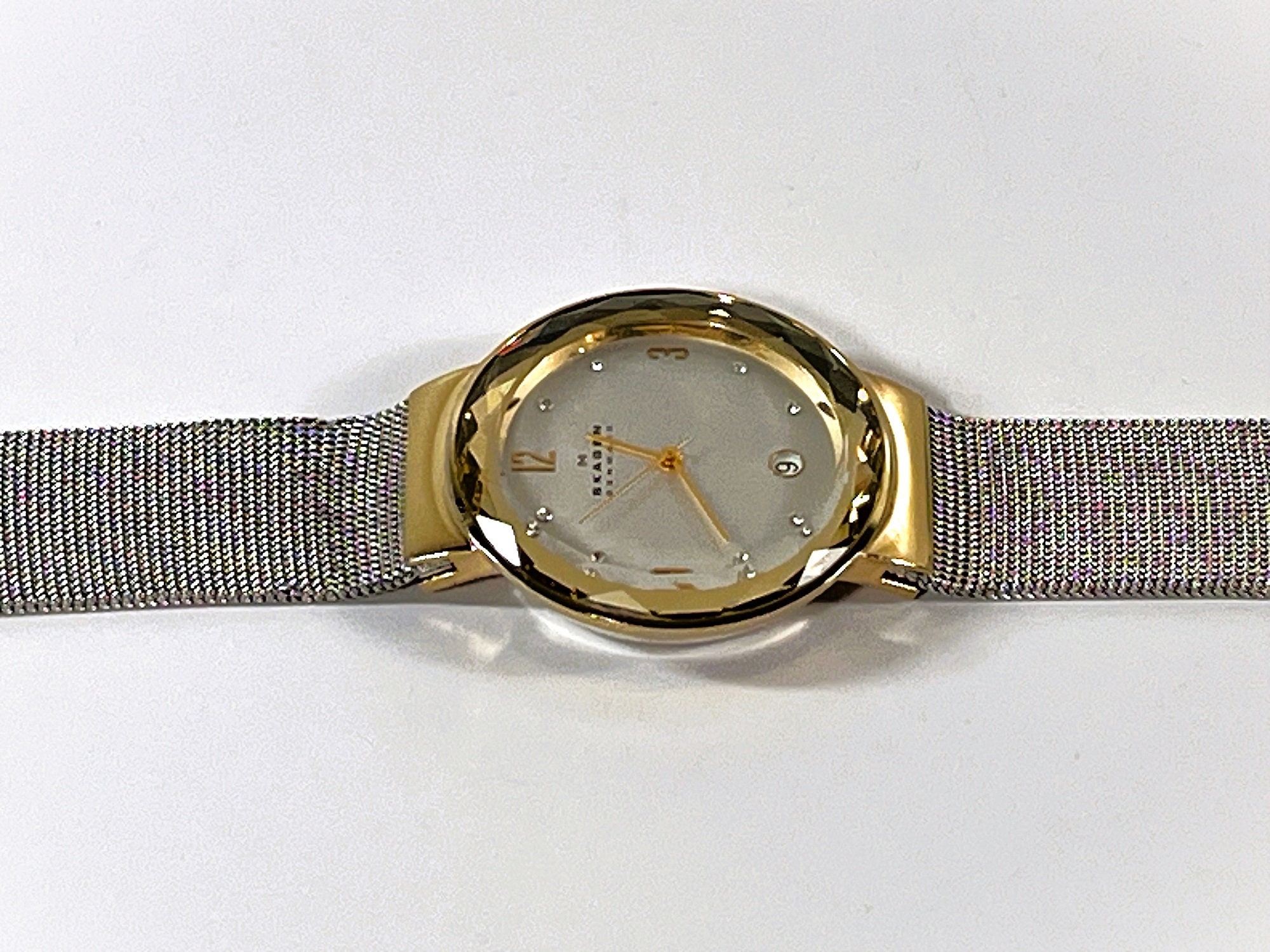 Vtg Skagen Leonora™ Women Mesh Band Watch, Faceted Crystal 