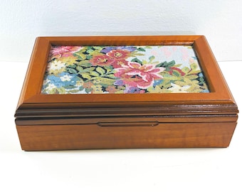 Vintage Carved Wood Large Jewelry Box, 11" W. 7" L. Floral Canvas Cushion Top, Large Mirror, Rings Section, Restored. Free US Shipping.