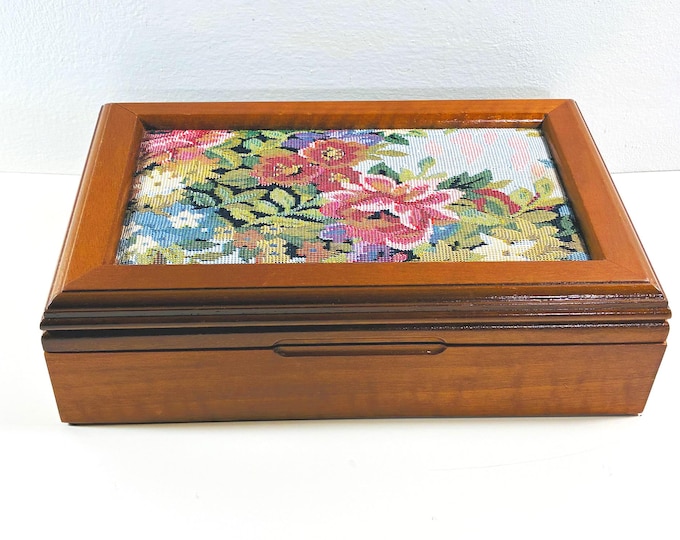 Vintage Carved Wood Large Jewelry Box, 11" W. 7" L. Floral Canvas Cushion Top, Large Mirror, Rings Section, Restored. Free US Shipping.