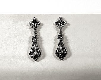Vintage Sterling Silver & Marcasite Dangle Earrings, 1.5" L. 11mm Wide, Posts. 4.80 Grams. Mint Condition. Free US Shipping.