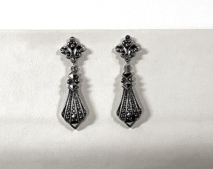 Vintage Sterling Silver & Marcasite Dangle Earrings, 1.5" L. 11mm Wide, Posts. 4.80 Grams. Mint Condition. Free US Shipping.