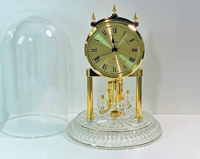 Linden Crystal Anniversary Clock, Germany. Clear Ribbed Base, Swarovski Crystal Sphere Pendulums, Mint Condition, 9"T.  Free US Shipping.