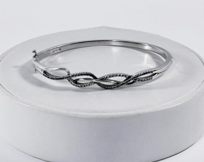 Sterling Silver Solid Hinged Bangle Bracelet, Swirl Pattern w/ Black & White Moissanite Stones, 15.40 Grams. 7.5". Free US Shipping.