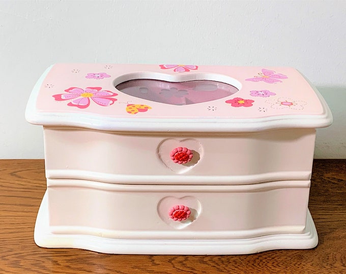 Colorful Solid Wood Sweetheart Jewelry Box, Heart Window, Painted Garden Scenery, Padded Sections & Drawer.9.5" W. 5.25" L. Free US Shipping