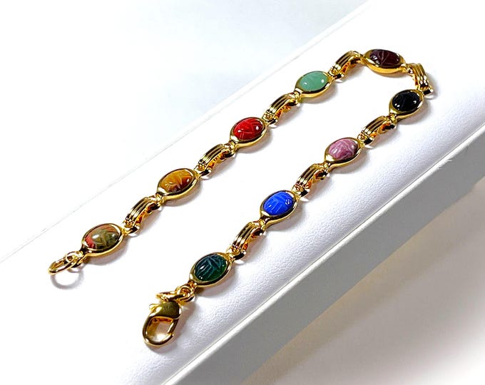 VTG Natural Carved Gems Scarab Bracelet, 9 Scarabs 8X6mm, Jade, Coral, Lapis, Tiger Eye, Onyx Etc. 18K Gold Clad, 7.5" L. Free US Shipping