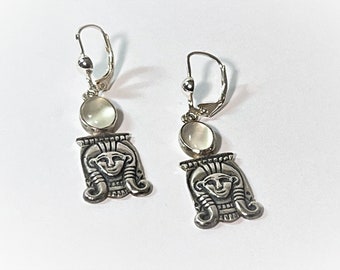 Vintage Sterling Silver Dangle Earrings, Egyptian Goddess Isis, Moonstone, Lever Backs, 1.75" L. 14mm Wide, 6.30 Grams. Free US Shipping.