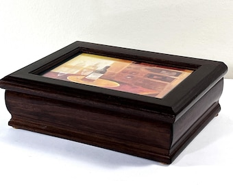 Vintage Carved Wood Musical Jewelry Box, Plays: 'Memory', Mirror, Picture Frame, Rings Section, 8" W. 6" L. Restored. Free US Shipping.