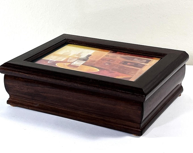 Vintage Carved Wood Musical Jewelry Box, Plays: 'Memory', Mirror, Picture Frame, Rings Section, 8" W. 6" L. Restored. Free US Shipping.