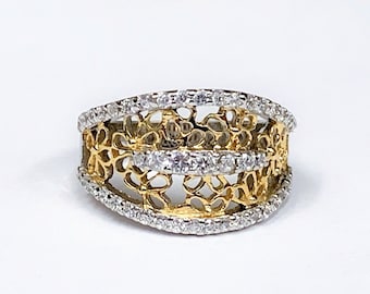Sterling Silver Hand Made Open Scroll Ring, Gold Accents, Rhodium, Round Full Cut White CZ,  size 7