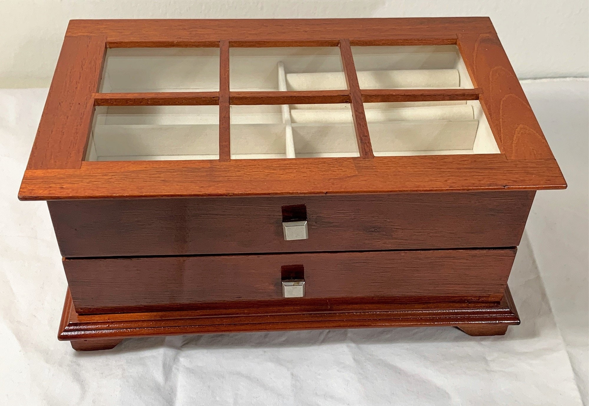 Vintage Solid Wood Jewelry Box Storage, French Window Lid, Padded