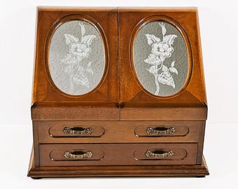 VTG London Leather™ Large Wood Jewelry Box, 2 Mirror Doors W/ Hangers Inside, Ring Section, Tray, Drawer, 12" W. 9.5" T. Free US Shipping