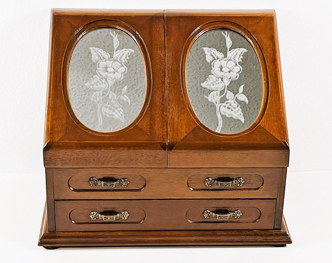 VTG London Leather™ Large Wood Jewelry Box, 2 Mirror Doors W/ Hangers Inside, Ring Section, Tray, Drawer, 12" W. 9.5" T. Free US Shipping