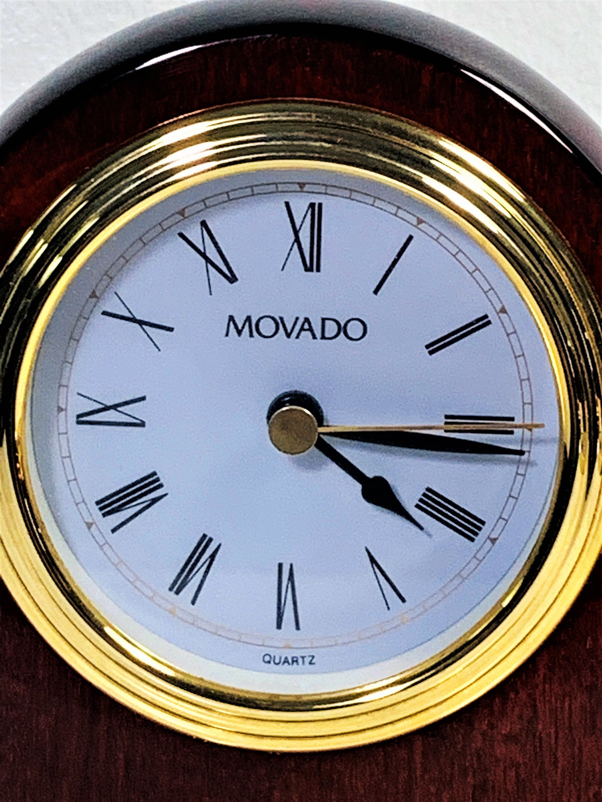 Vintage Movado Mahogany Gloss & Brass Mantel Quartz Clock, Elegant Clock, 5.5 Tall 4 Wide