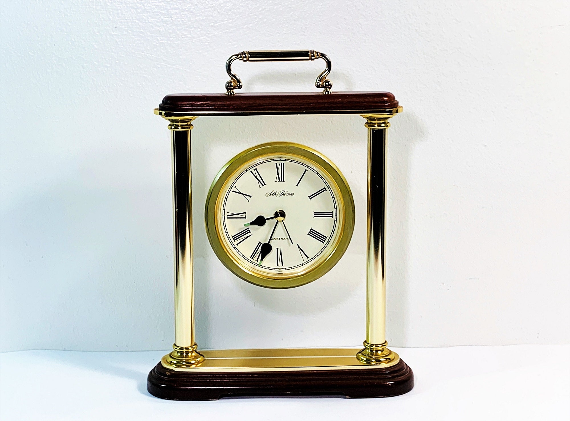 Vintage Seth Thomas Abberly Alarm Carriage Clock, Solid Brass & Wood. 3