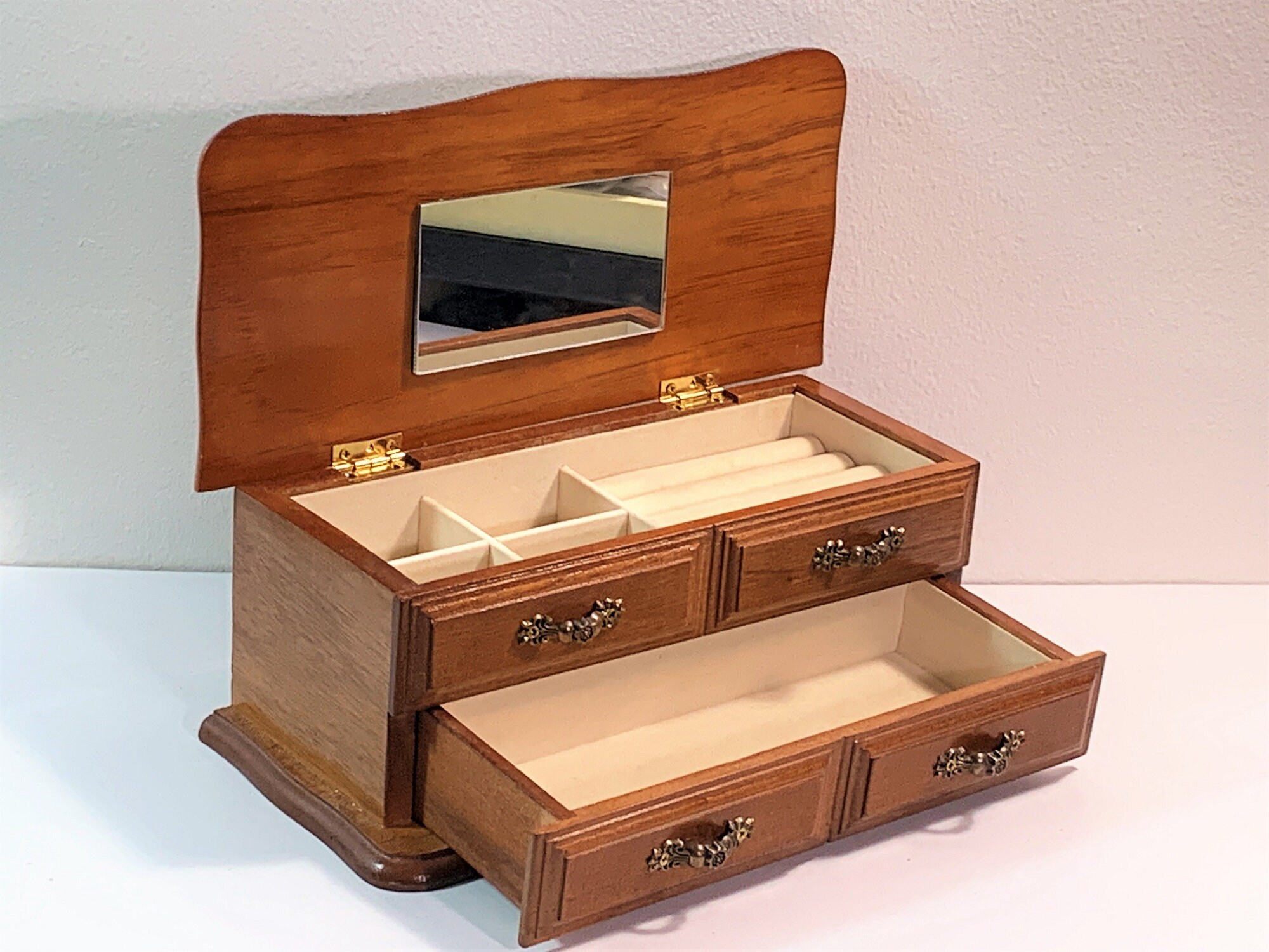 Vintage Solid Wood Jewelry Box Chest, Hinged Top W/ Mirror, Padded