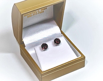 14K Solid White Gold Raspberry Garnet Gemstone Studs: 7mm Round Brilliant 3.61 Carats T.W.  Solid Setting & Backs. Free US Shipping.