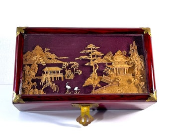 Vintage Shanghai Chinese Lacquered Wood Jewelry Box, Sculptured Cork Art Scene, Brass Trims, Satin Lining, 11"W. 6.25" L, Free US Shipping