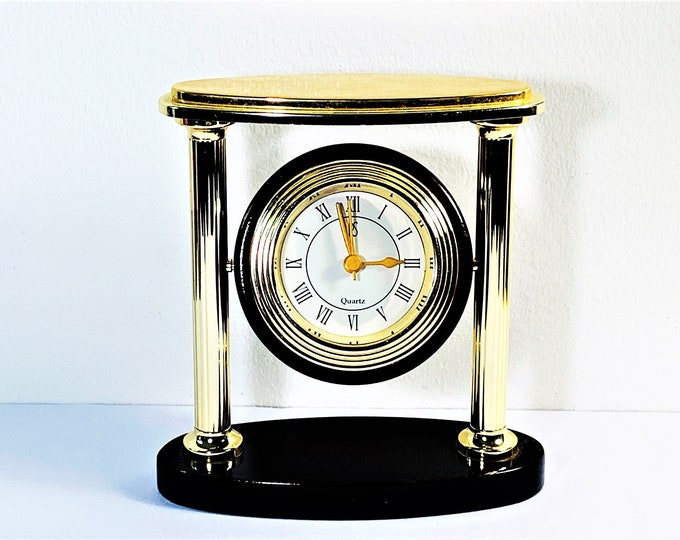 Vintage Paul Sebastian Quartz Mantle Clock Mahogany Gloss & Brass Finish, Hanging Dial, 6.25” T. 6” W. Great Condition. Free US Shipping.