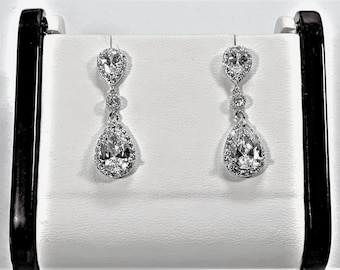 Sterling Silver Fancy Dangle Earrings, Round & Pear Shape Cubic Zirconia, 35mm - 1.5" Long, 7.25 Grams. Free US Shipping.