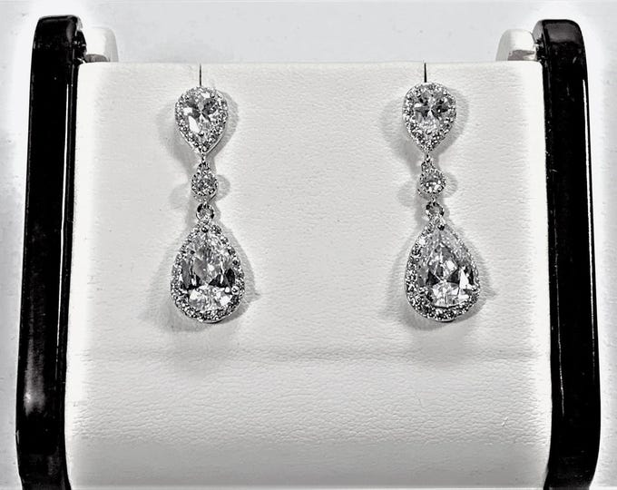 Sterling Silver Fancy Dangle Earrings, Round & Pear Shape Cubic Zirconia, 35mm - 1.5" Long, 7.25 Grams. Free US Shipping.