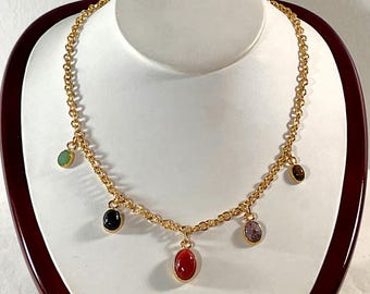 Vintage 18K Gold Plated Scarab Necklace: Gemstone Drops, 1960s Egyptian Revival