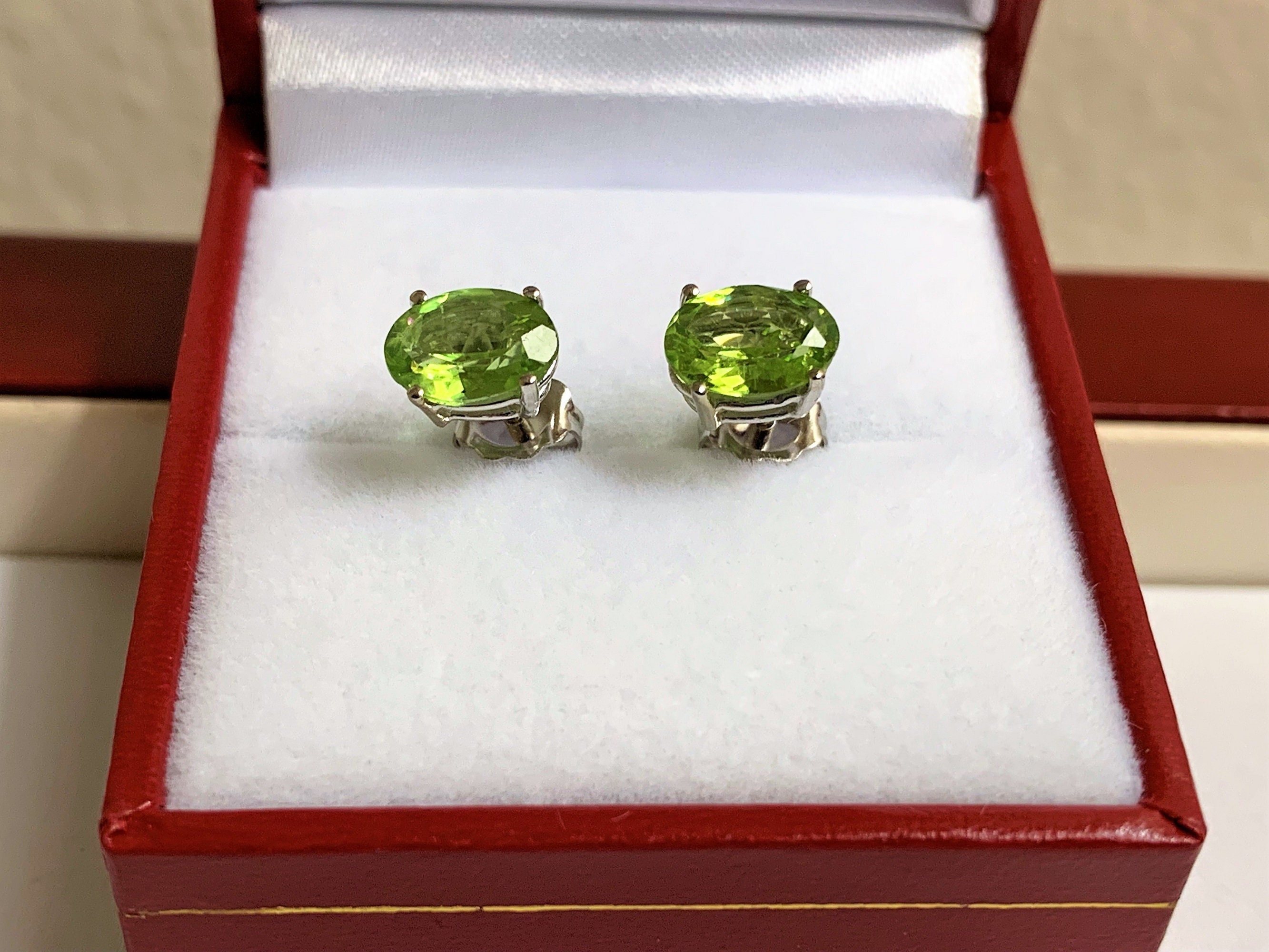 14k White Gold Green Peridot Studs, Natural Top Color Peridot Oval ...