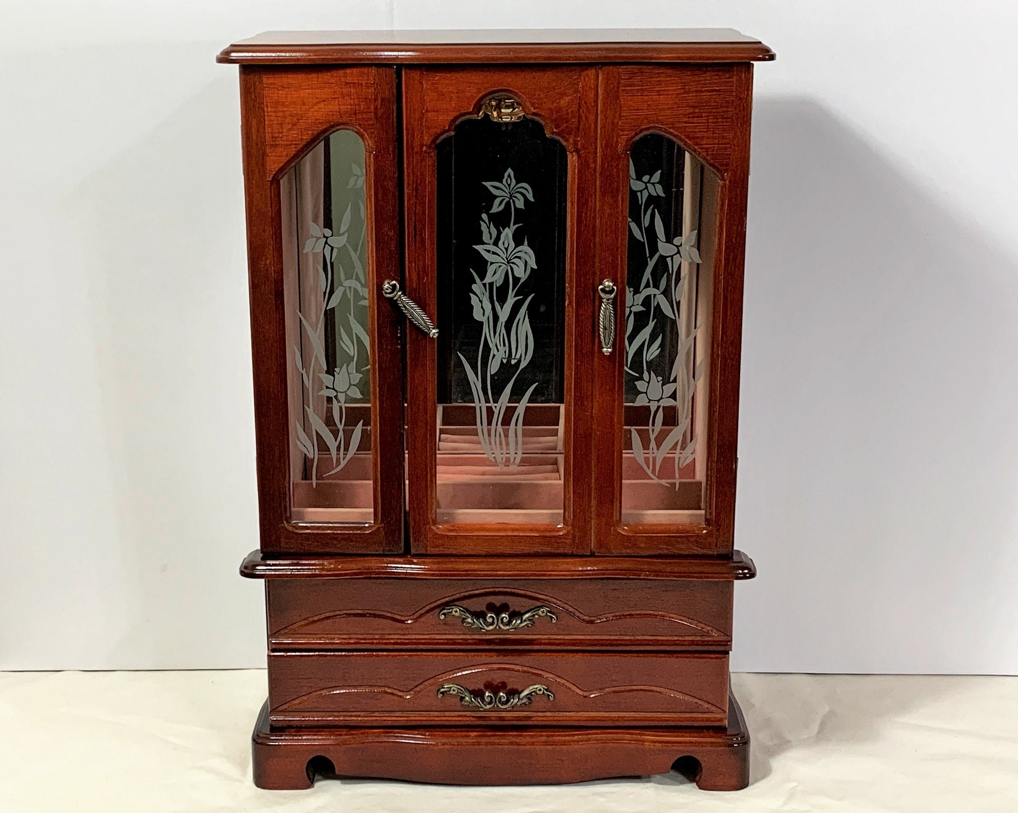 Vintage Large Jewelry Armoire, 17 H. 11.5 W, Etched Glass Doors, Hangers, Padded Walls, Sections