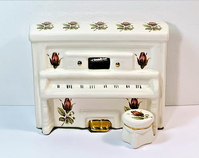 Vintage Fuji Japan Music Box, Upright Porcelain & Stool. Panted Flowers, 22K gold Accents, Plays Well,  6.5" W. 5" T. 3" D. Free US Shipping