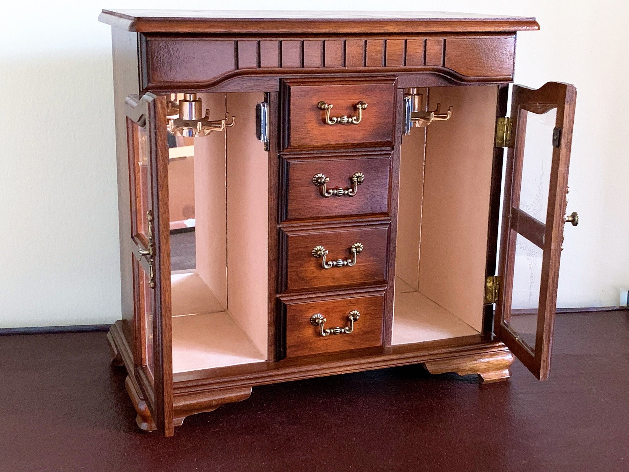 Vintage Solid Wood Musical Jewelry Armoire, Hinged Lid with Mirror, 2