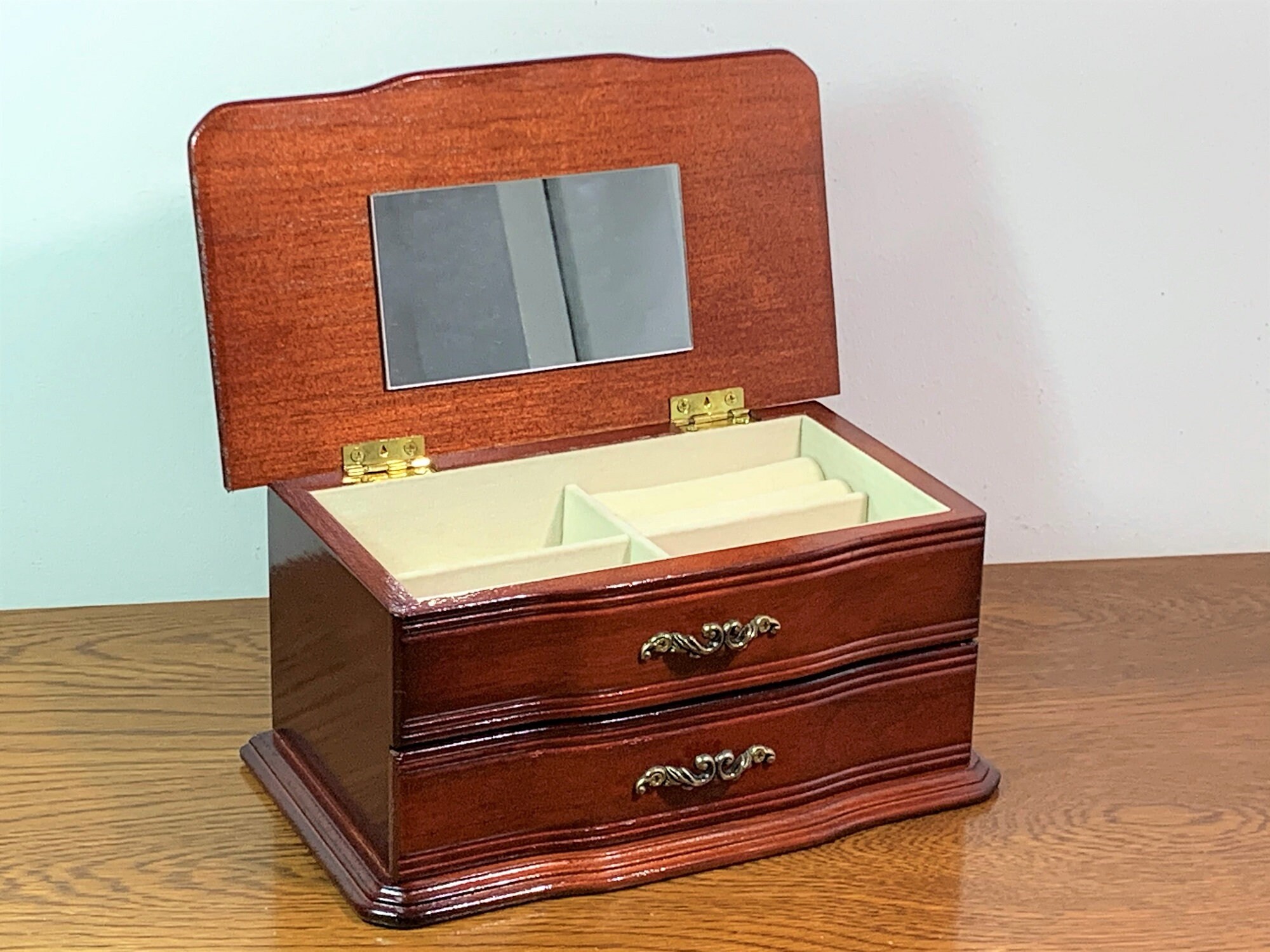 Vintage Solid Wood Jewelry Hinged Top W/ Mirror, Padded
