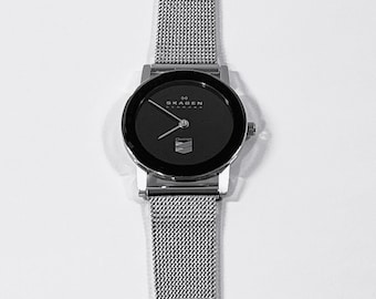 Skagen Denmark® Chevron Mesh Band Women Watch, Black Dial, All Stainless Steel, 26mm Case, 16mm Lugs, Black Crystal Rim, , Free US Shipping