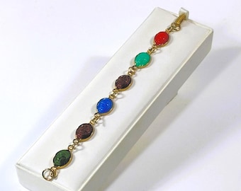 Vintage Gold Tone Egyptian Scarab Bracelet, 6 Multi Color Lucite Scarabs 14X10mm, Fold Clasp, Excellent Condition. 7" L. Free US Shipping