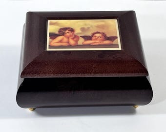 Vintage Graphic Art Tiles™ USA "Raphael Cherubs" Music Box, Tune "Lara's Theme", Sankyo Mechanism. Velvet Lining, 5" X 4". Free US Shipping