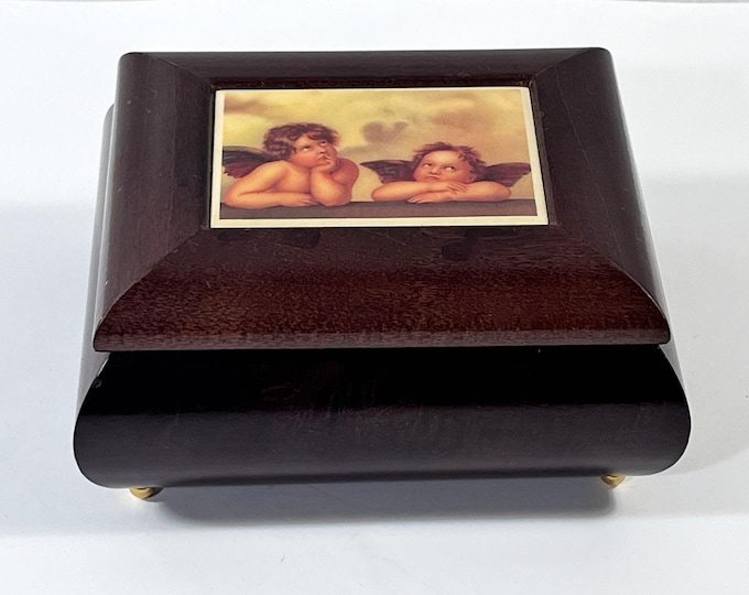Vintage Graphic Art Tiles™ USA "Raphael Cherubs" Music Box, Tune "Lara's Theme", Sankyo Mechanism. Velvet Lining, 5" X 4". Free US Shipping