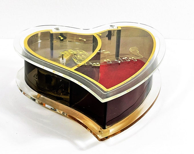 Vintage Sankyo Japan Heart Shape Music Box, 20 KEY Tune: "Memory", Plexiglass, Hinged Lid, Gold Accent, 6" Heart. Serviced. Free US Shipping