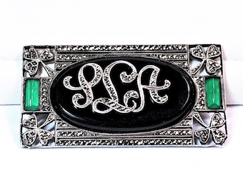 Vintage Sterling Silver Marcasite  Black Onyx, Green Chalcedony Initials Brooch, Irish Clovers Corners, Unique Old Piece, Ireland