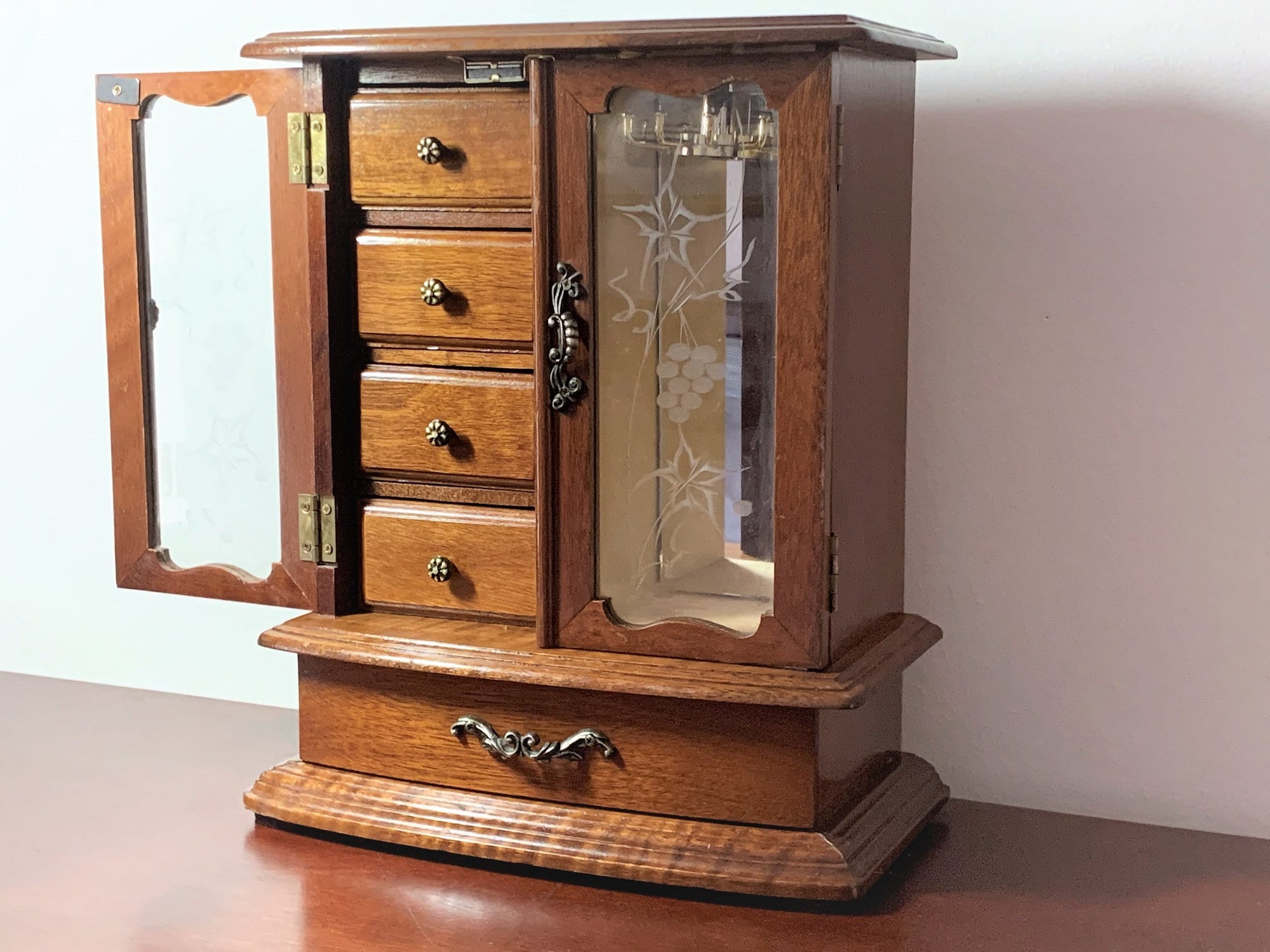 Vintage Hand Made Wood Musical Jewelry Armoire Chest Sankyo Love