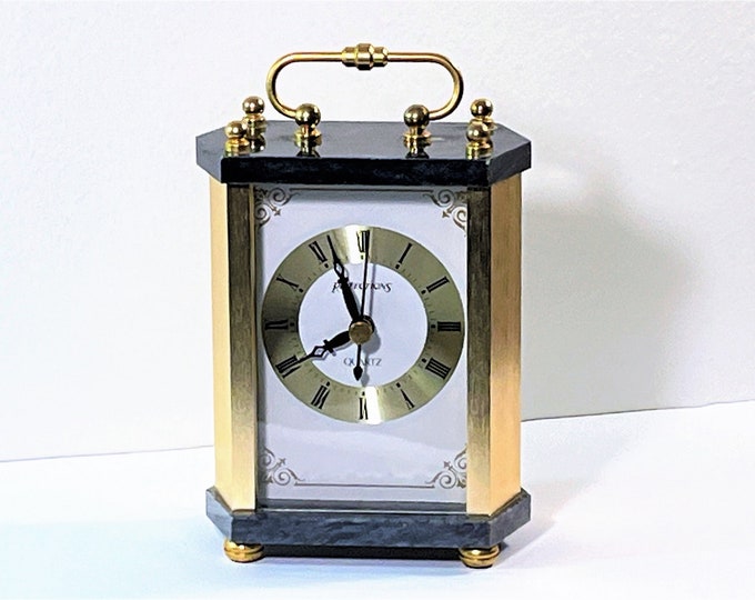 Vintage Reflections™ Brass & Black Marble Carriage Quartz Clock, Roman Dial. Top Condition, Serviced. 6.5" T. 4" W. Taiwan, Free US Shipping