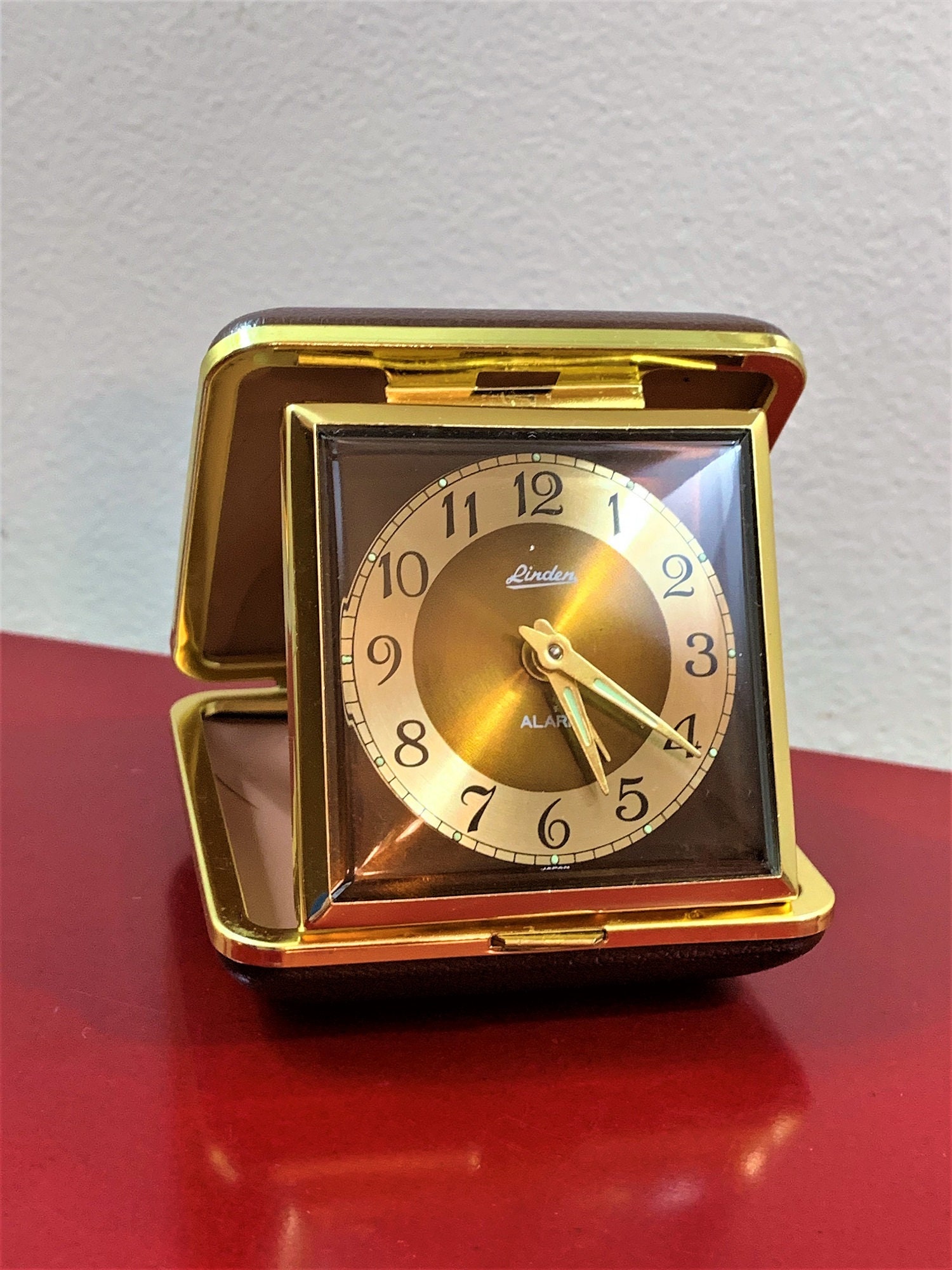 Vintage Mechanical Linden Travel Alarm Clock with Leather Case Made in Korea 