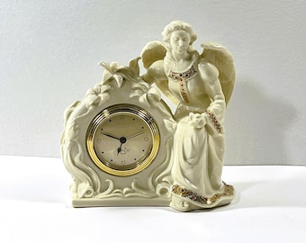 Vintage Lenox™ Jewels Collection Angel Figurine Bone China Clock. 24K Gold & Enamel Accents, Serviced, 6" T. 6" W.  Free US Shipping.