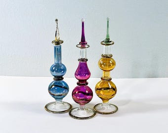 Vintage Set of Three Egyptian Hand Made - Blown Glass Perfume Bottles, Etched Patterns, Gold Leaf Accents, 5.5" T. Free US Shipping.