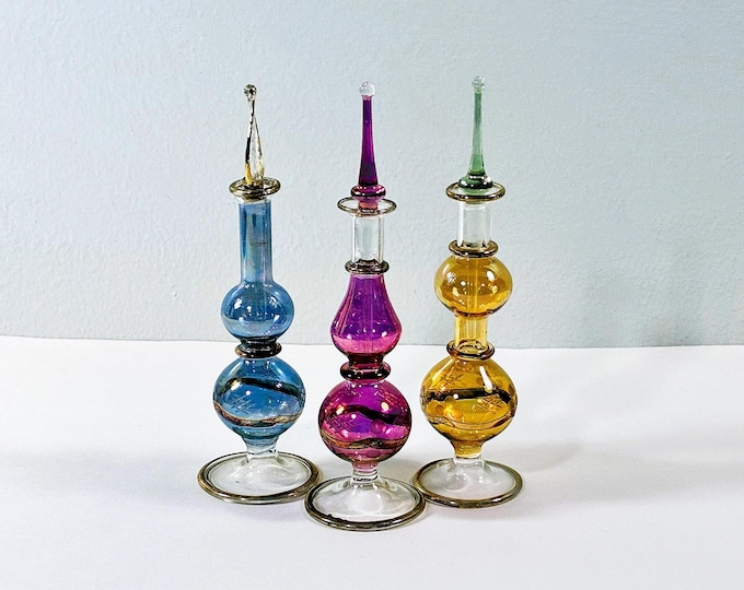 Vintage Set of Three Egyptian Hand Made - Blown Glass Perfume Bottles, Etched Patterns, Gold Leaf Accents, 5.5" T. Free US Shipping.