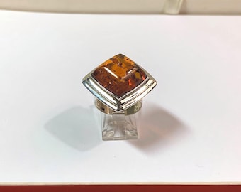 Vintage Sterling Silver Natural Baltic Cognac Amber Ring, Large Cushion Cabochon 17mm - 6.5mm Deep, Size 6 1/2, England. Free US Shipping